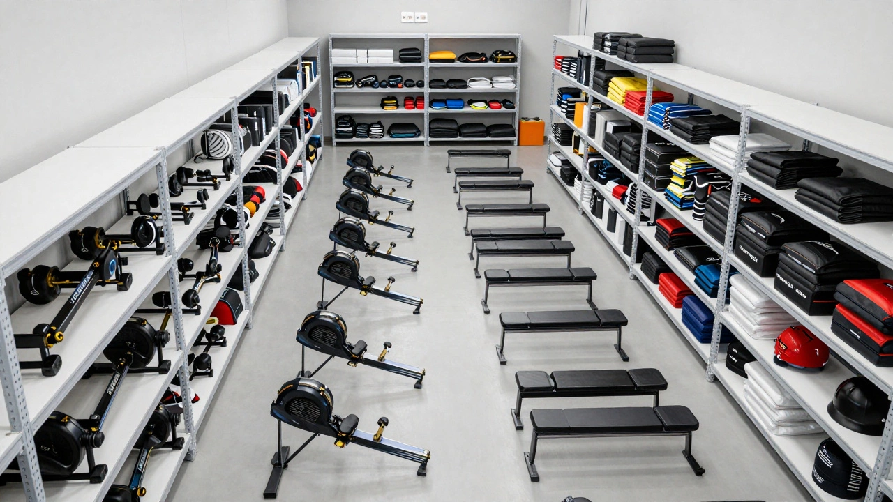 Organized professional sports equipment on industrial warehouse shelves