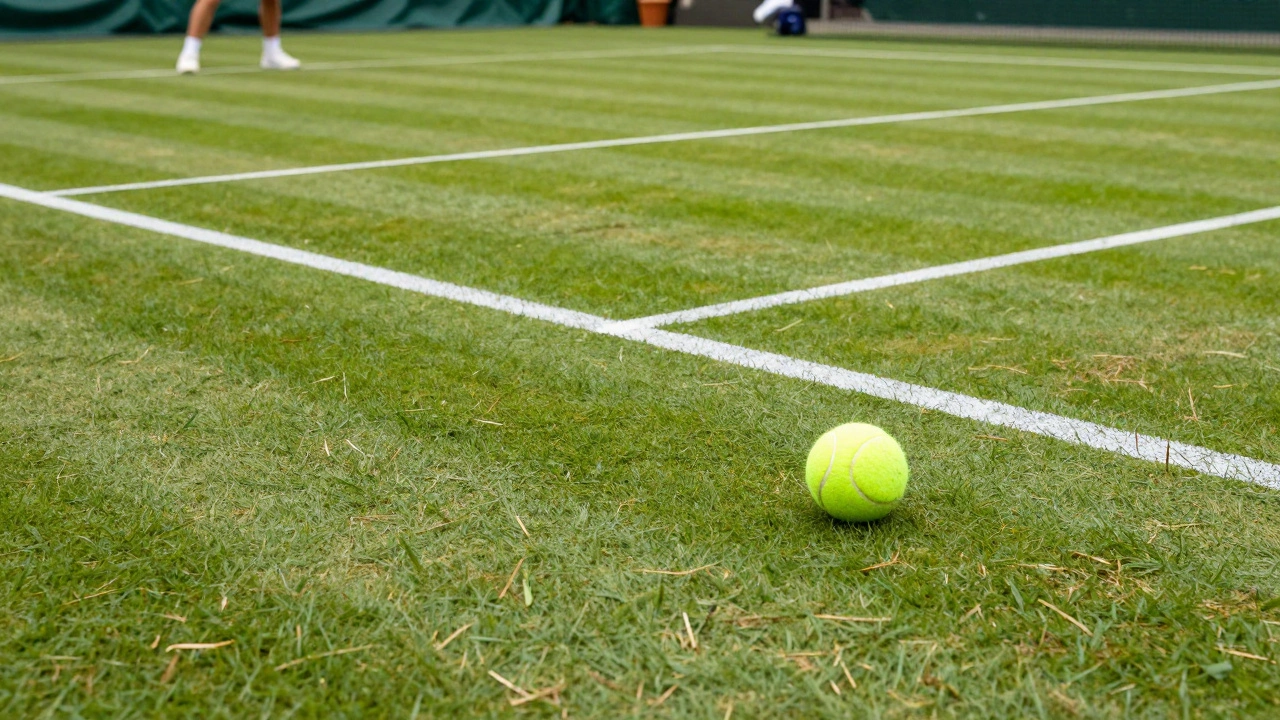 Tennis ball bouncing on a perfectly manicured green grass court