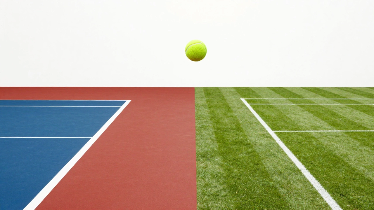 Tennis ball hovering over hard court, red clay, and green grass surfaces