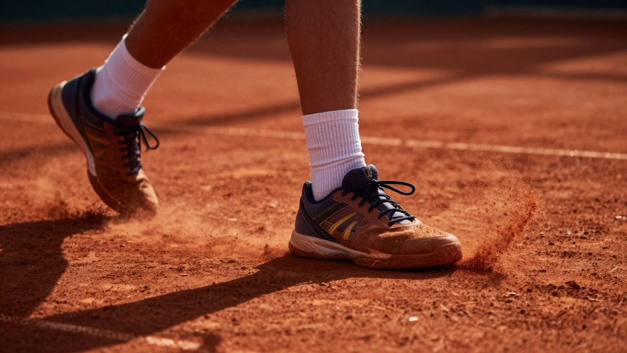 Tennis player sliding on a red clay court with dust spraying