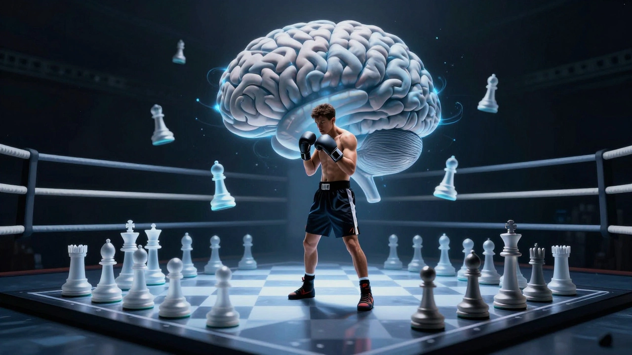 Artistic blend of brain and chess pieces symbolizing boxing strategy