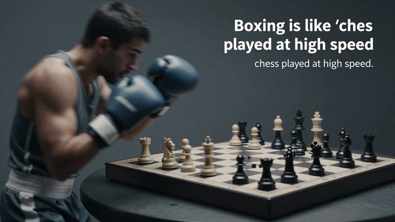 Boxer punching juxtaposed with a chess board strategy