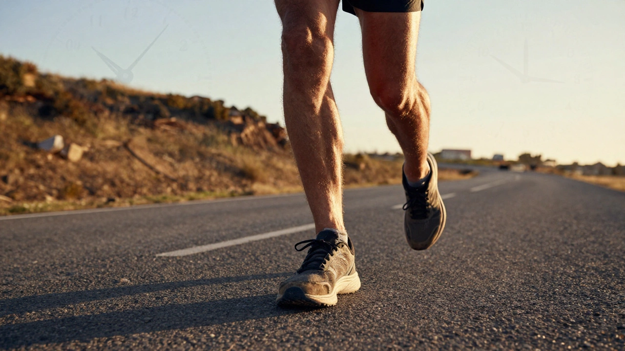 Close-up of running shoes on road with hills and clock motifs