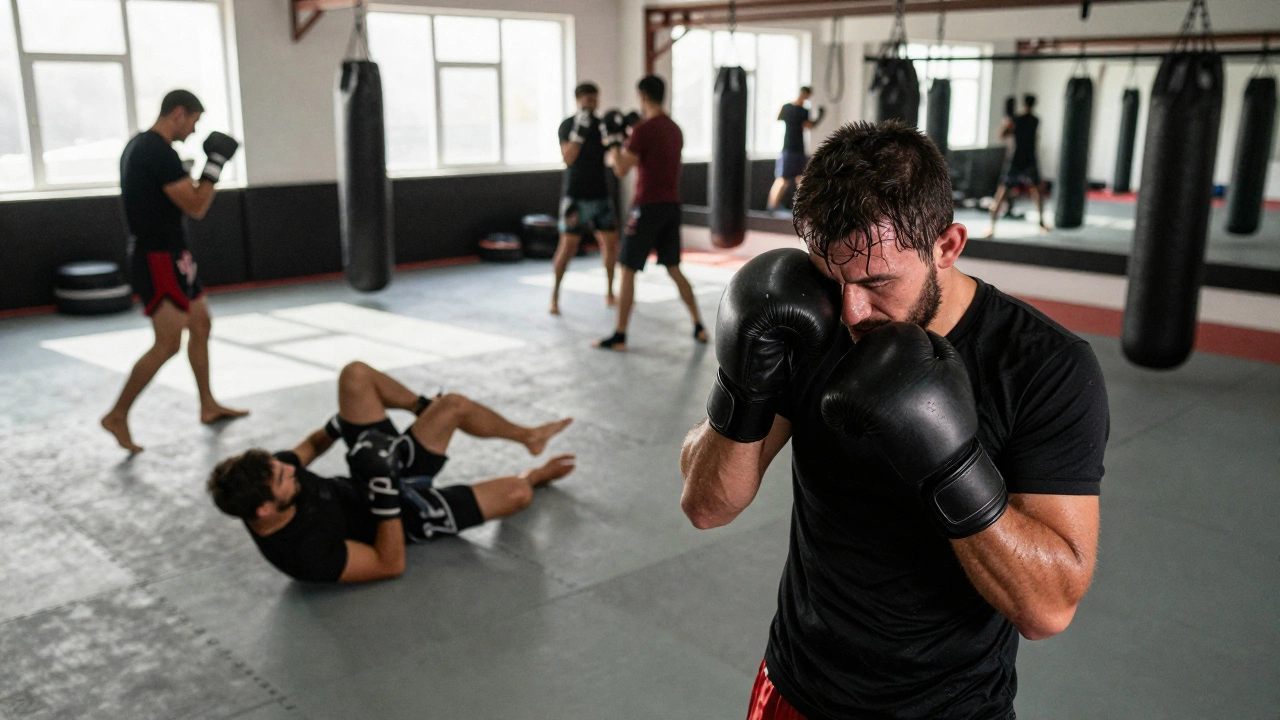 Exhausted boxer training in MMA gym environment