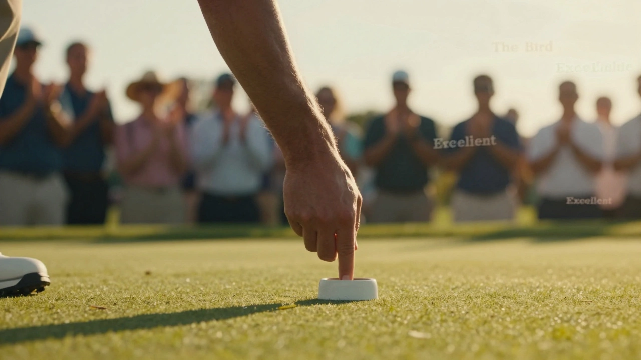 Golfer sinking a putt with golden light and faint vintage slang words in the air.