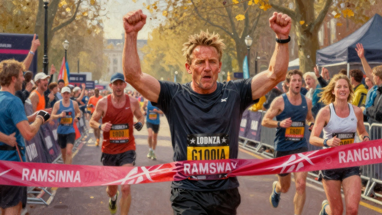 Gordon Ramsay crossing the finish line of the London Marathon amidst cheers.