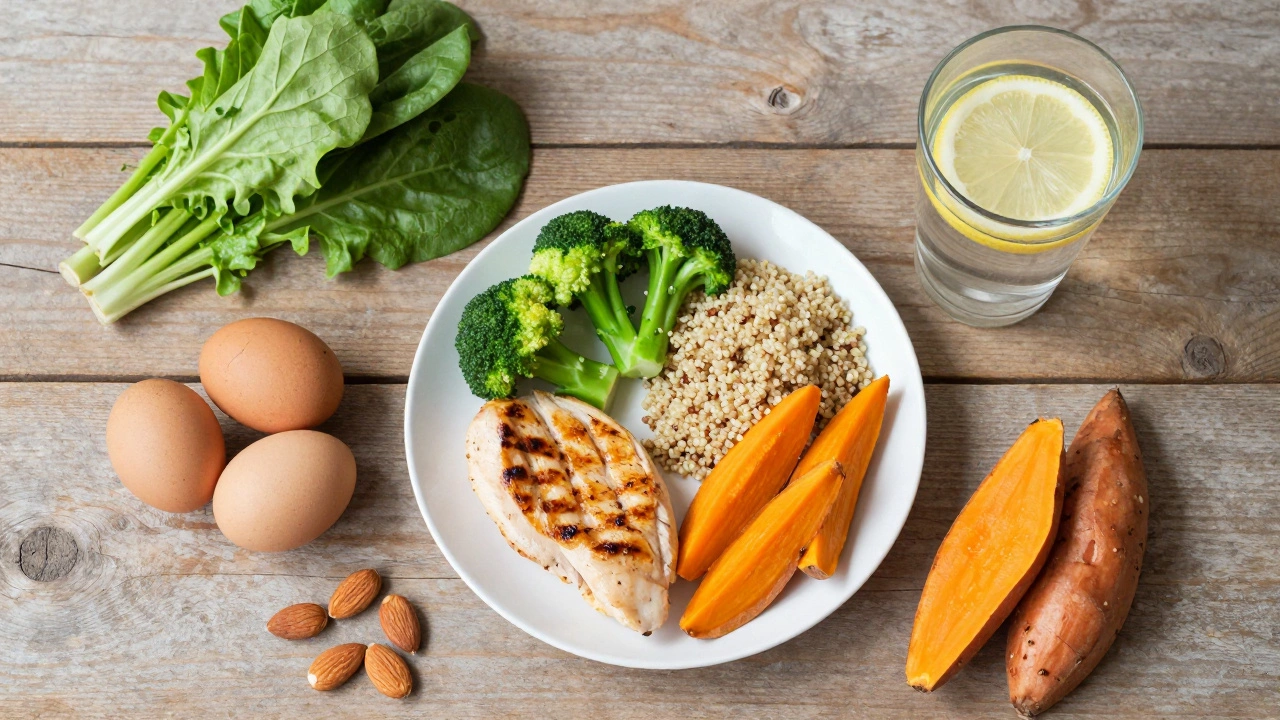 Healthy meal prep with chicken, vegetables, quinoa, and water on a table