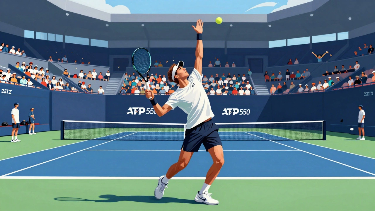 Rising tennis star serving during an ATP 250 tournament under bright sunlight