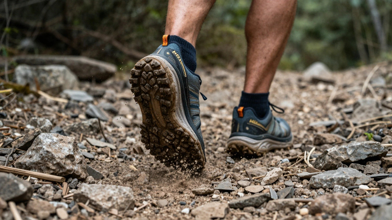 Runner's feet on rocky trail showing mud and abrasion
