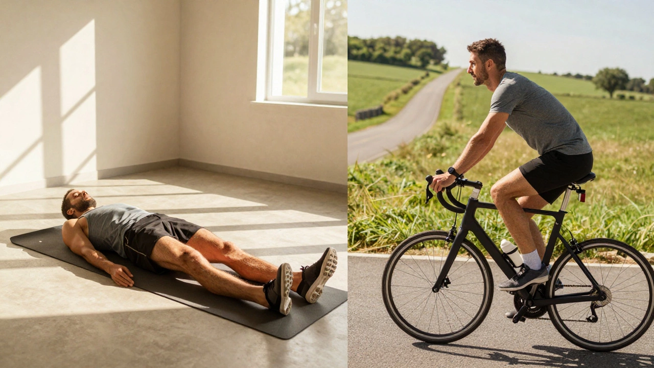 Runner stretching on yoga mat and cycling for active recovery