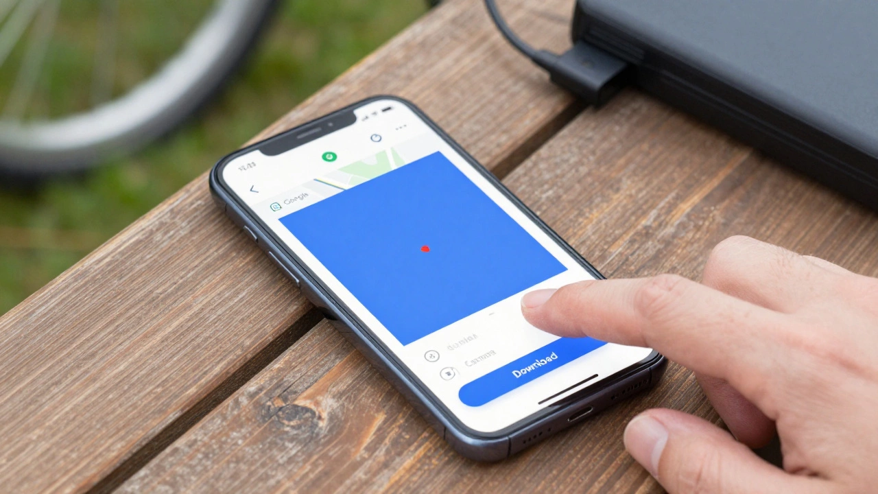 Smartphone displaying offline map download selection on wooden table