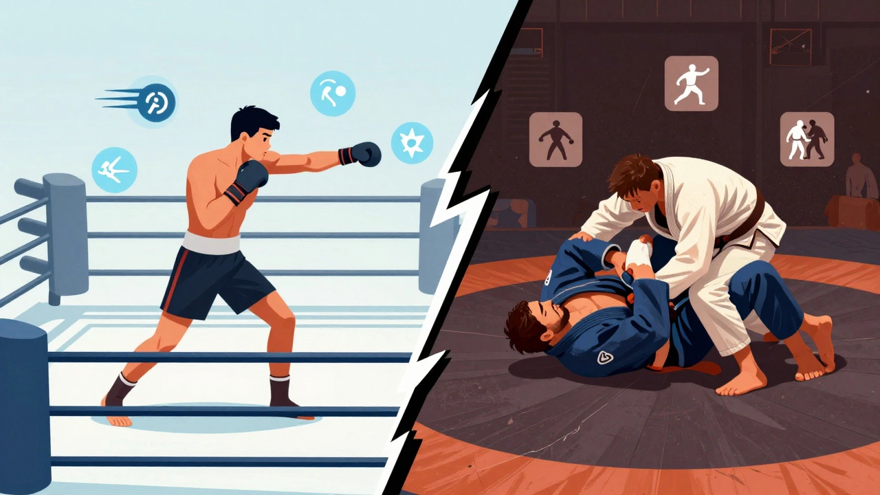 Split image comparing boxing skills vs grappling gap
