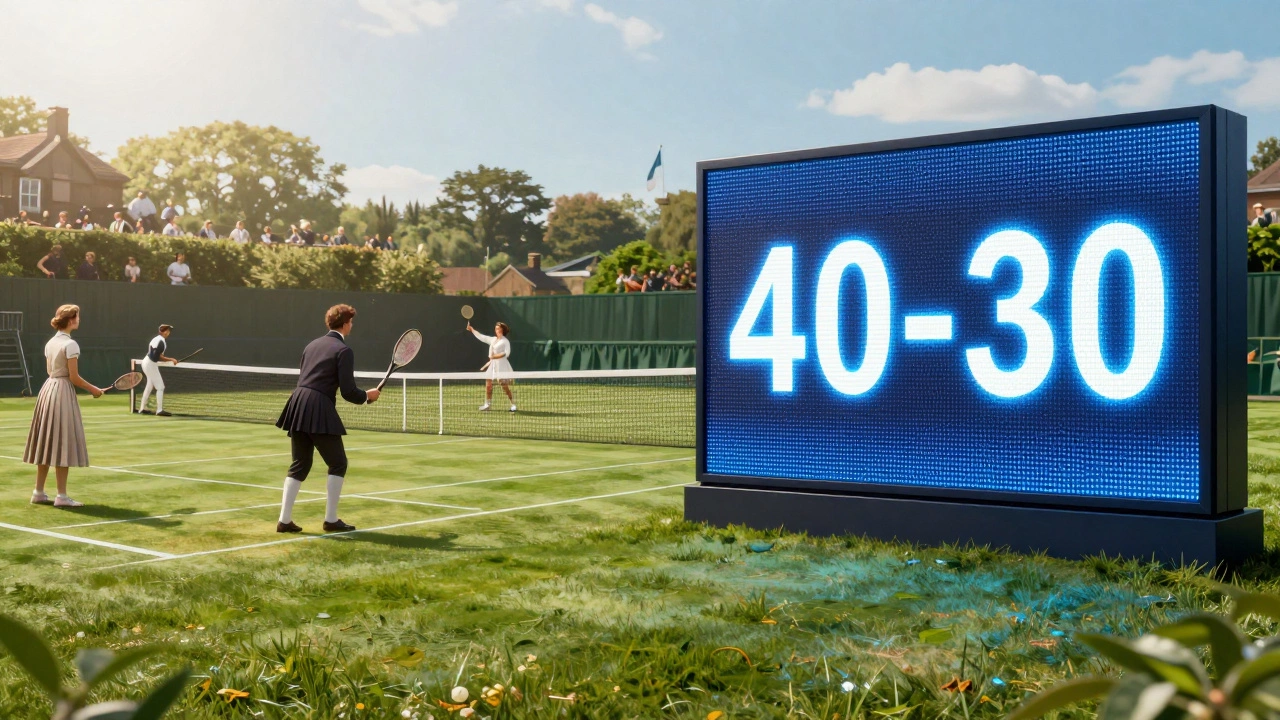 Split image contrasting vintage tennis history with modern digital scoreboards.