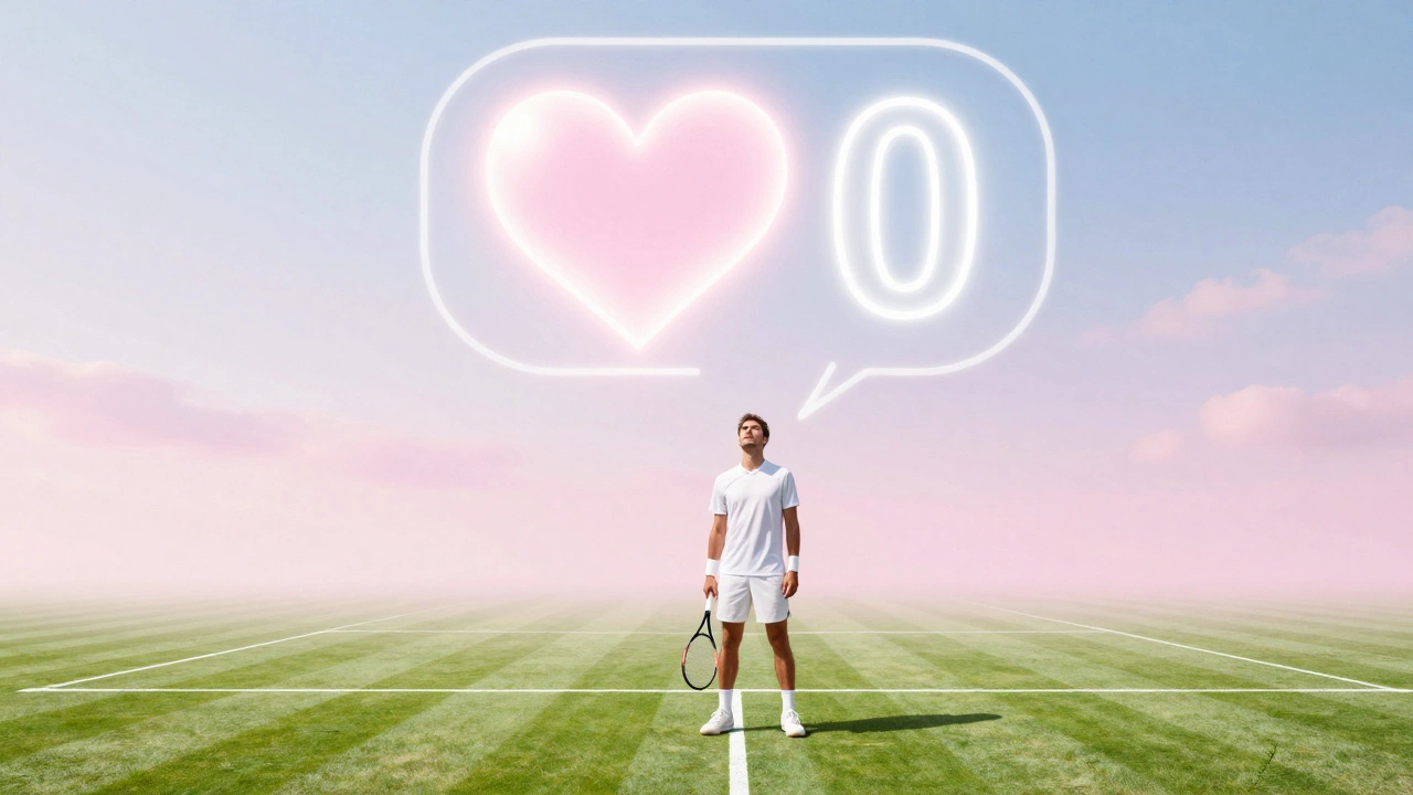 Surreal tennis scene with a heart turning into zero