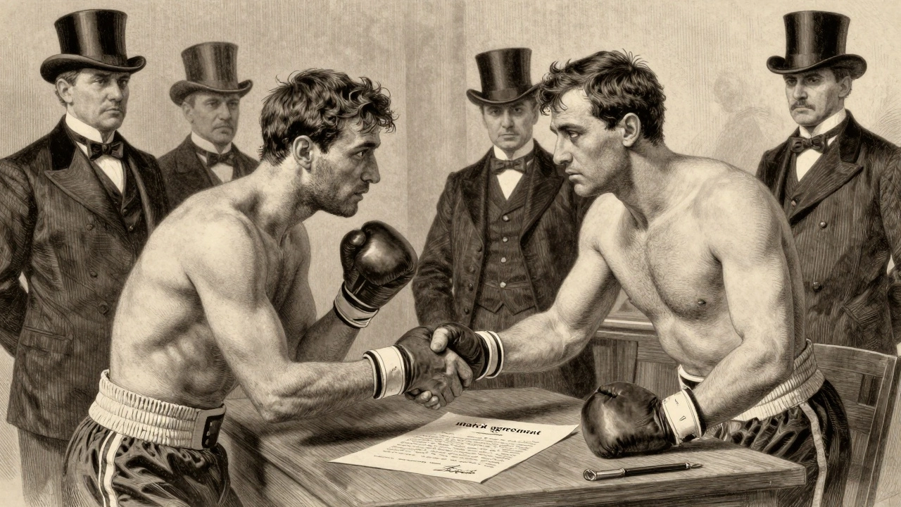 Victorian era fighters signing a formal match contract