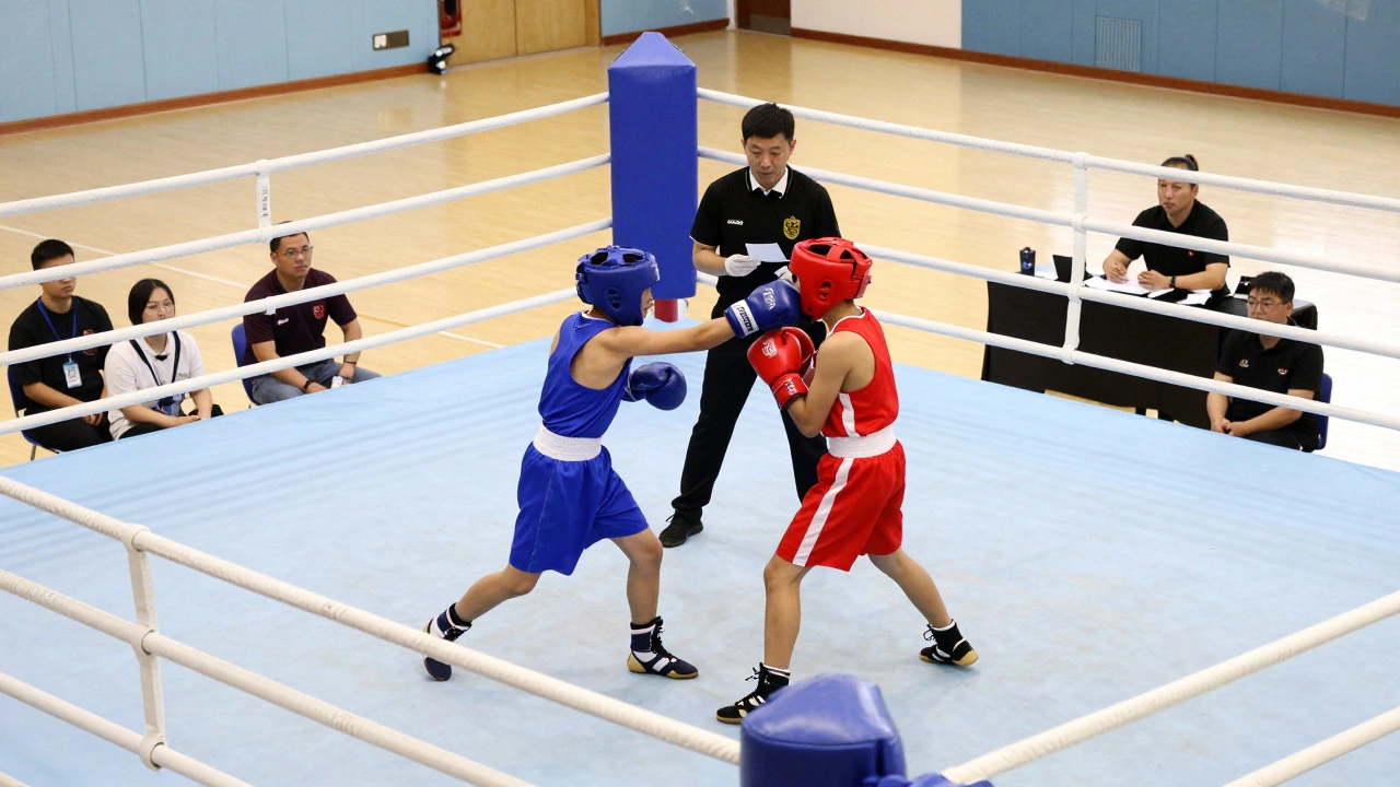 Amateur boxers in protective gear competing in a supervised tournament match.