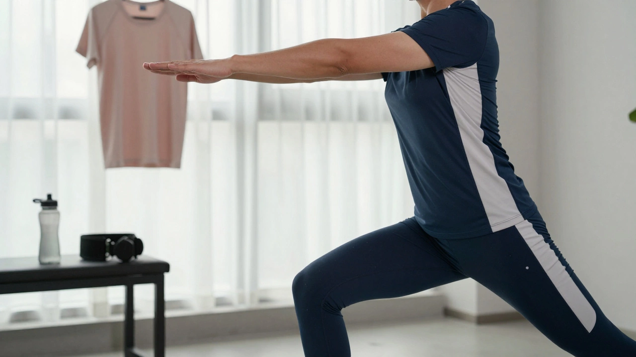 Athlete stretching in moisture-wicking gear with hydration supplies in a sunlit room