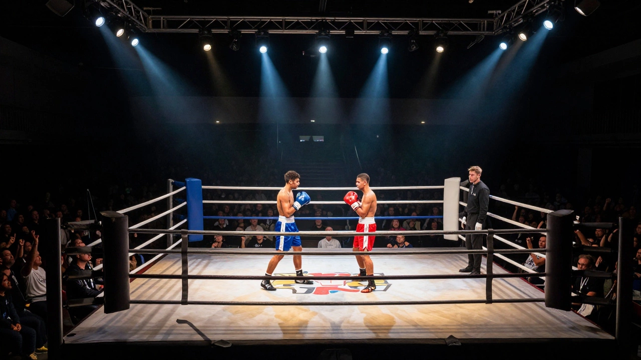 Boxers performing an exhibition bout under spotlights with a cheering crowd.