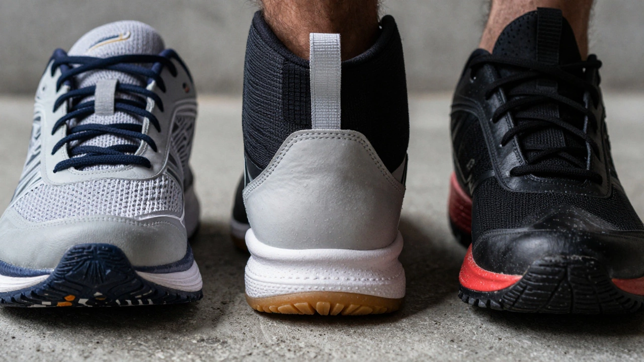 Close-up comparison of running, basketball, and weightlifting shoes showing sole differences