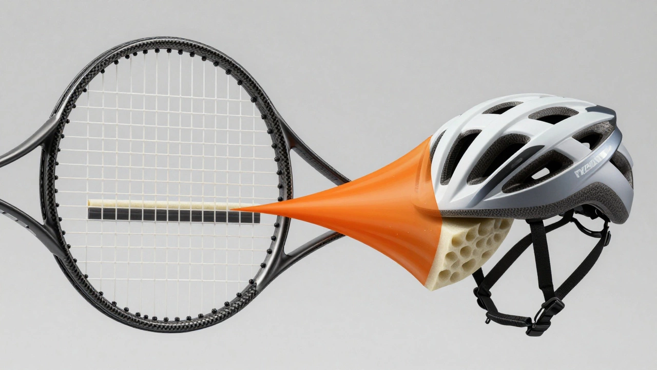Cross-sections of carbon fiber racket and helmet foam showing material science