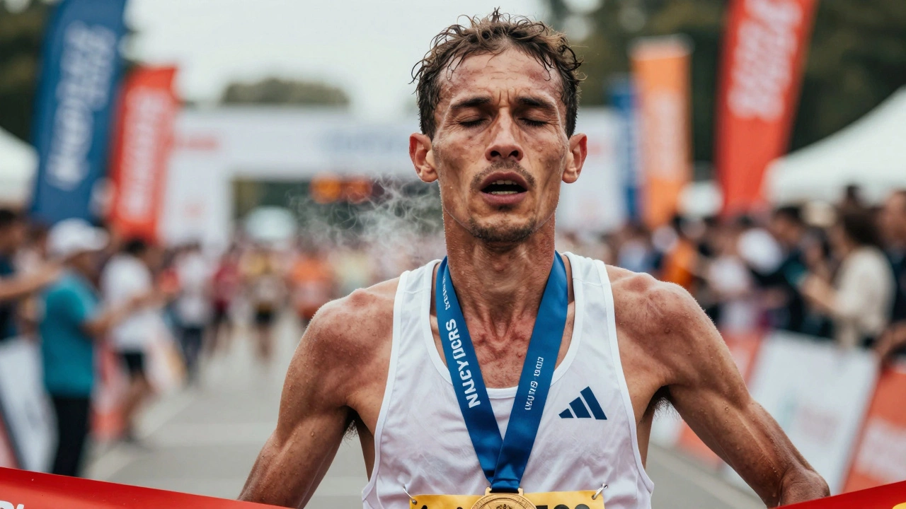 Exhausted runner crossing finish line with pride and relief.