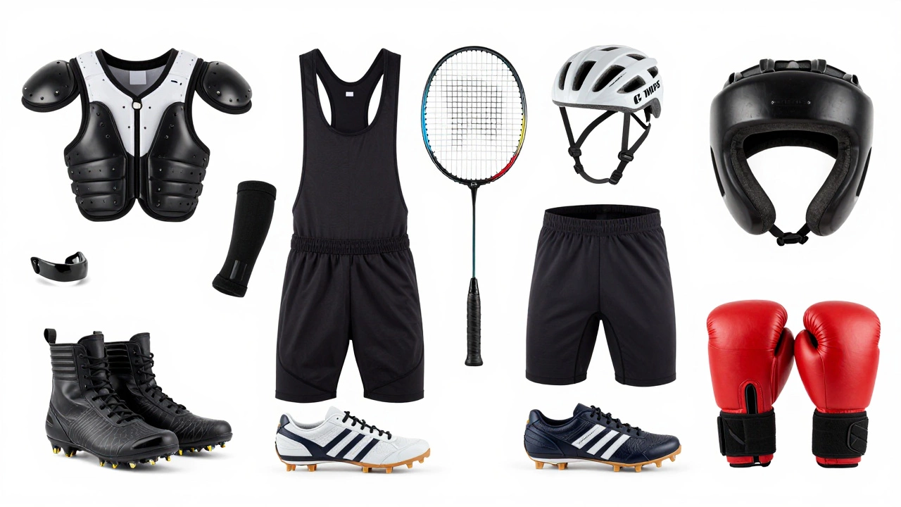 Four sets of specialized sports gear for rugby, tennis, cycling, and boxing