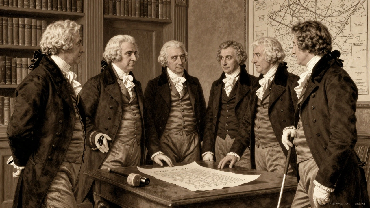 Gentlemen discussing golf rules in 18th century Edinburgh