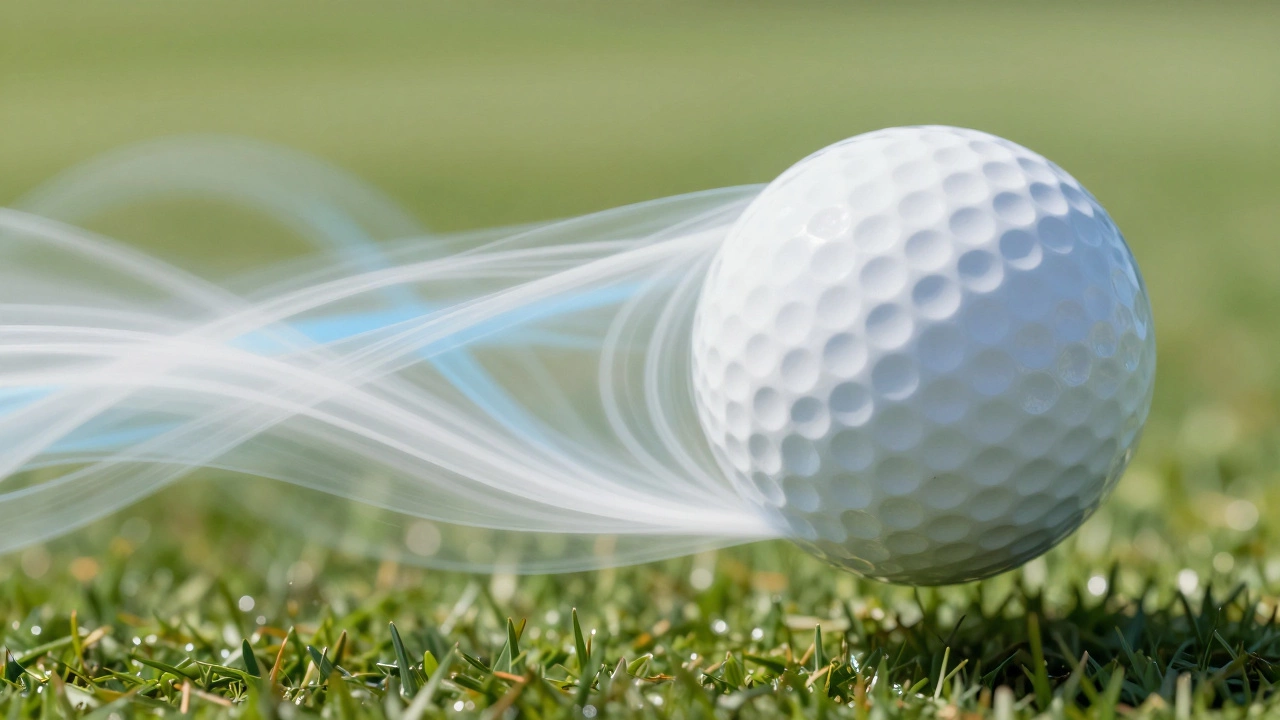 Golf ball in flight with visualized airflow showing aerodynamics and dimple effect