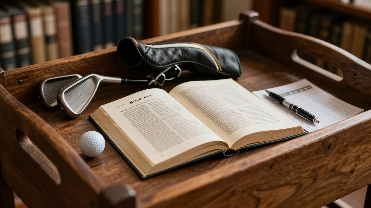 Golf rules book, scorecard, and clubs on a wooden table in a clubhouse setting.