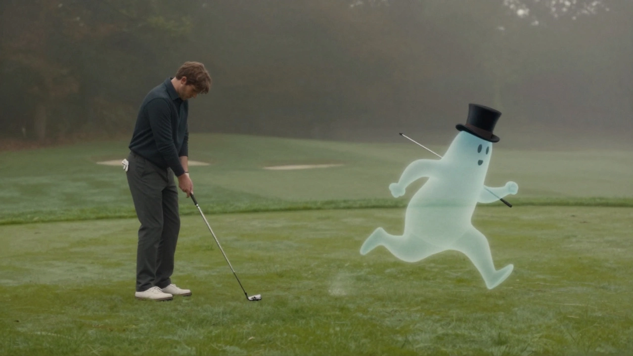 Golfer chasing a whimsical ghostly figure representing the elusive bogey score