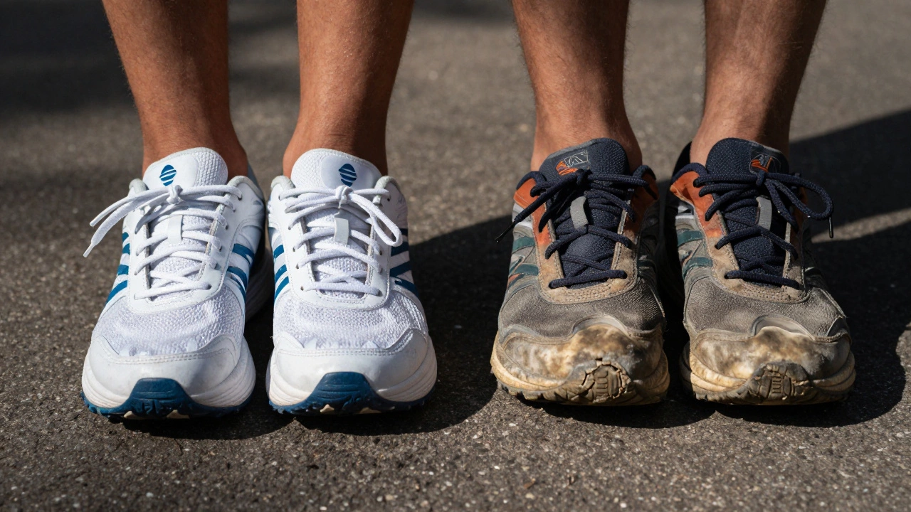 New vs worn-out running shoes showing midsole foam degradation