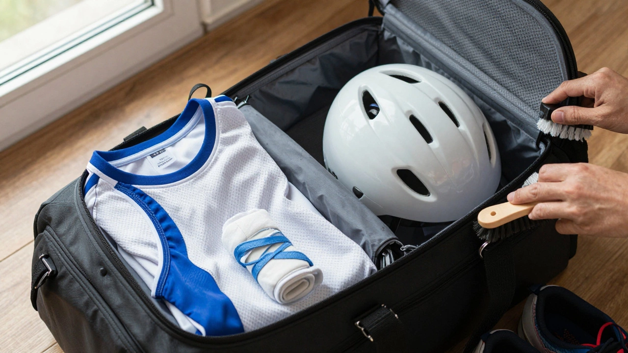 Open sports bag showing clean, organized, and maintained athletic equipment