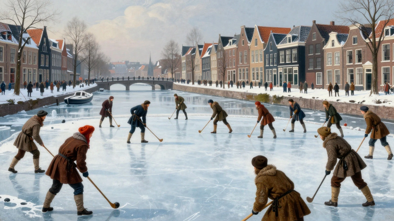 People playing Kolf on frozen Dutch canal in winter