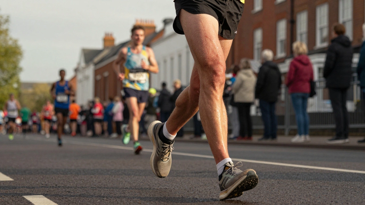 Runner using run-walk strategy during late miles of a marathon.