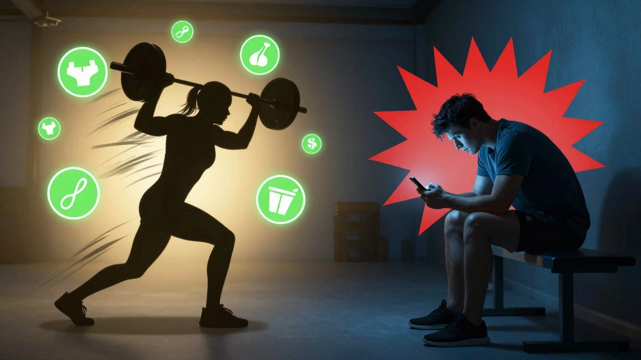 Split image contrasting active weightlifting with hormonal benefits vs phone scrolling with stress