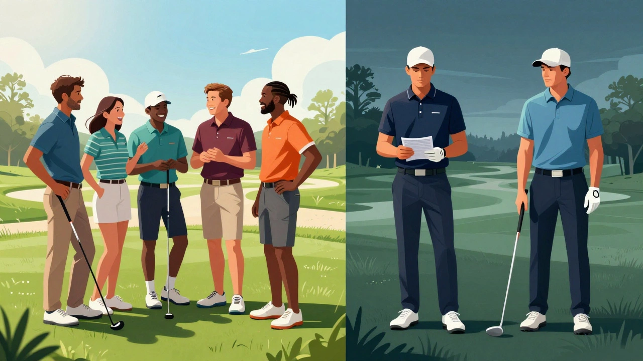 Split image showing casual group chat vs serious silent opponents on a golf course.
