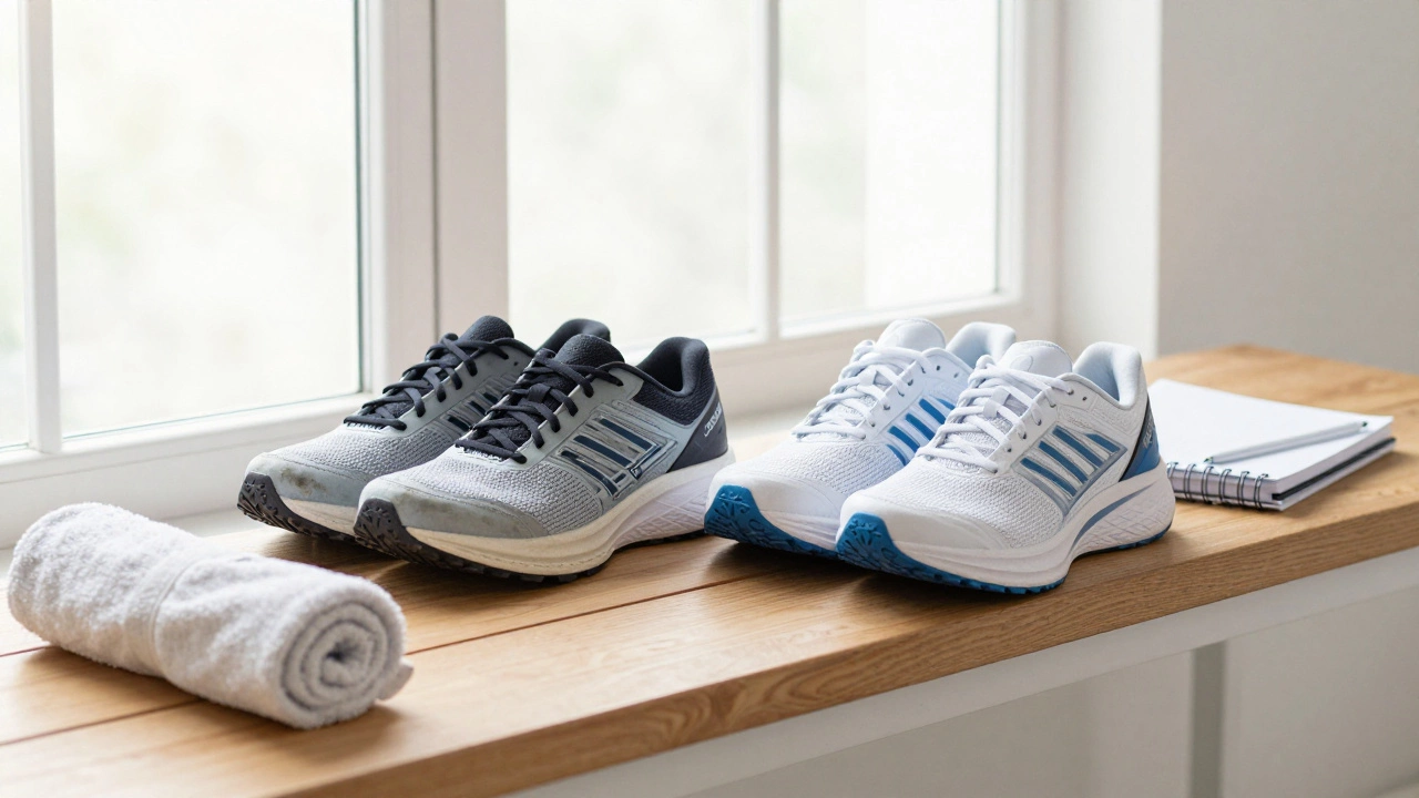 Two pairs of running shoes ready for rotation on a wooden bench