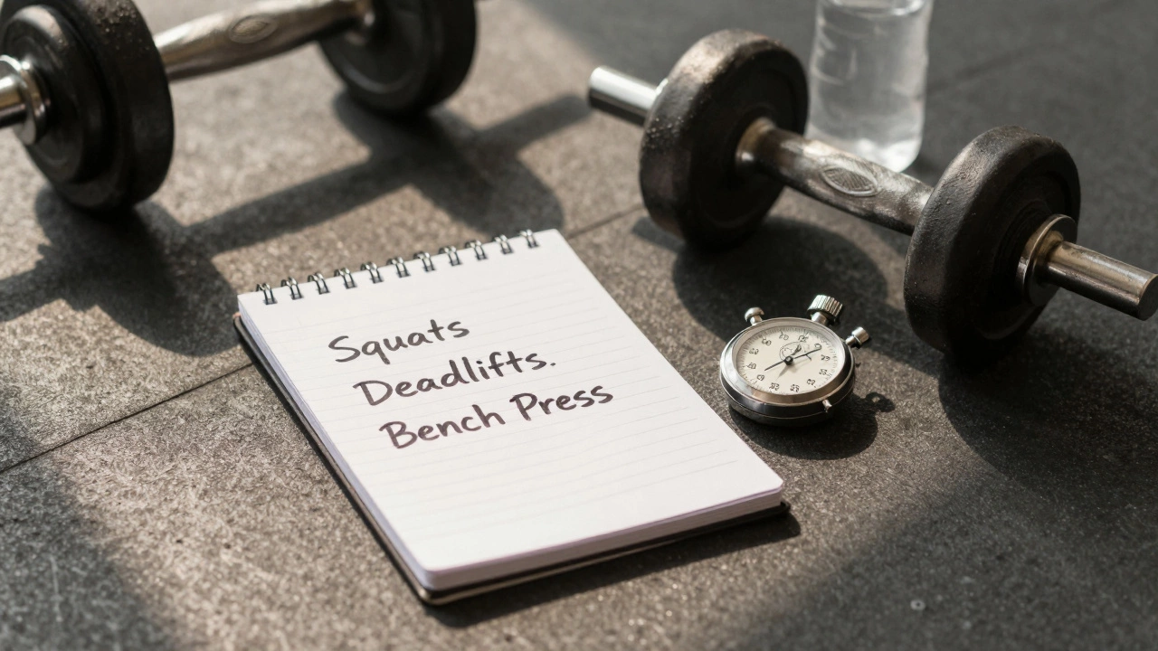 Workout plan notebook and stopwatch on gym floor symbolizing efficient training