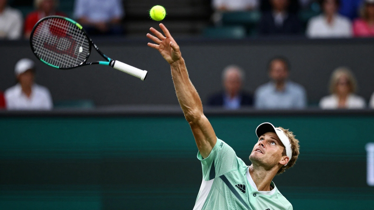 A powerful tennis serve captured in mid-action, highlighting the intensity and physical strain.