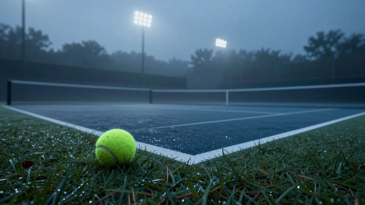 A tennis ball on dewy grass under stadium lights at dusk, representing the end of play for the day.