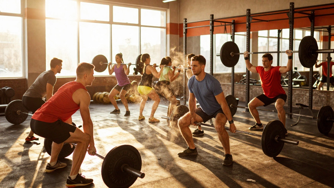 Crowded gym with people lifting weights in warm afternoon sunlight