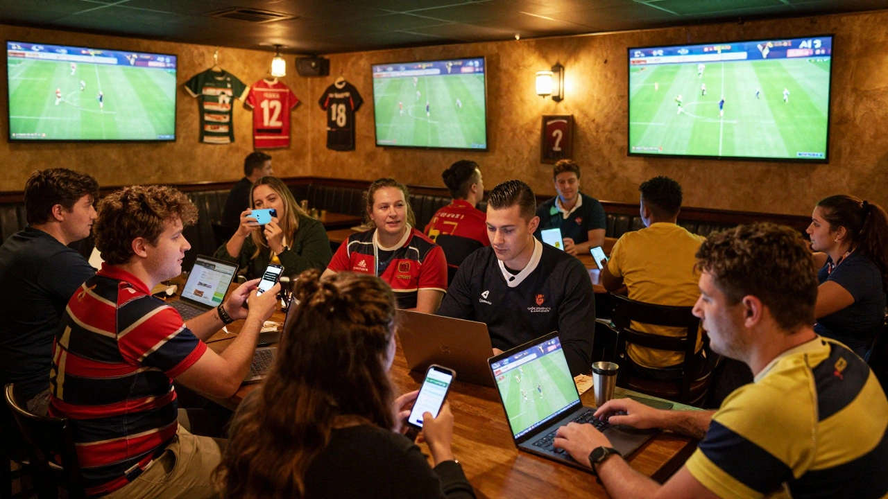 Expat rugby fans watching matches together in a pub