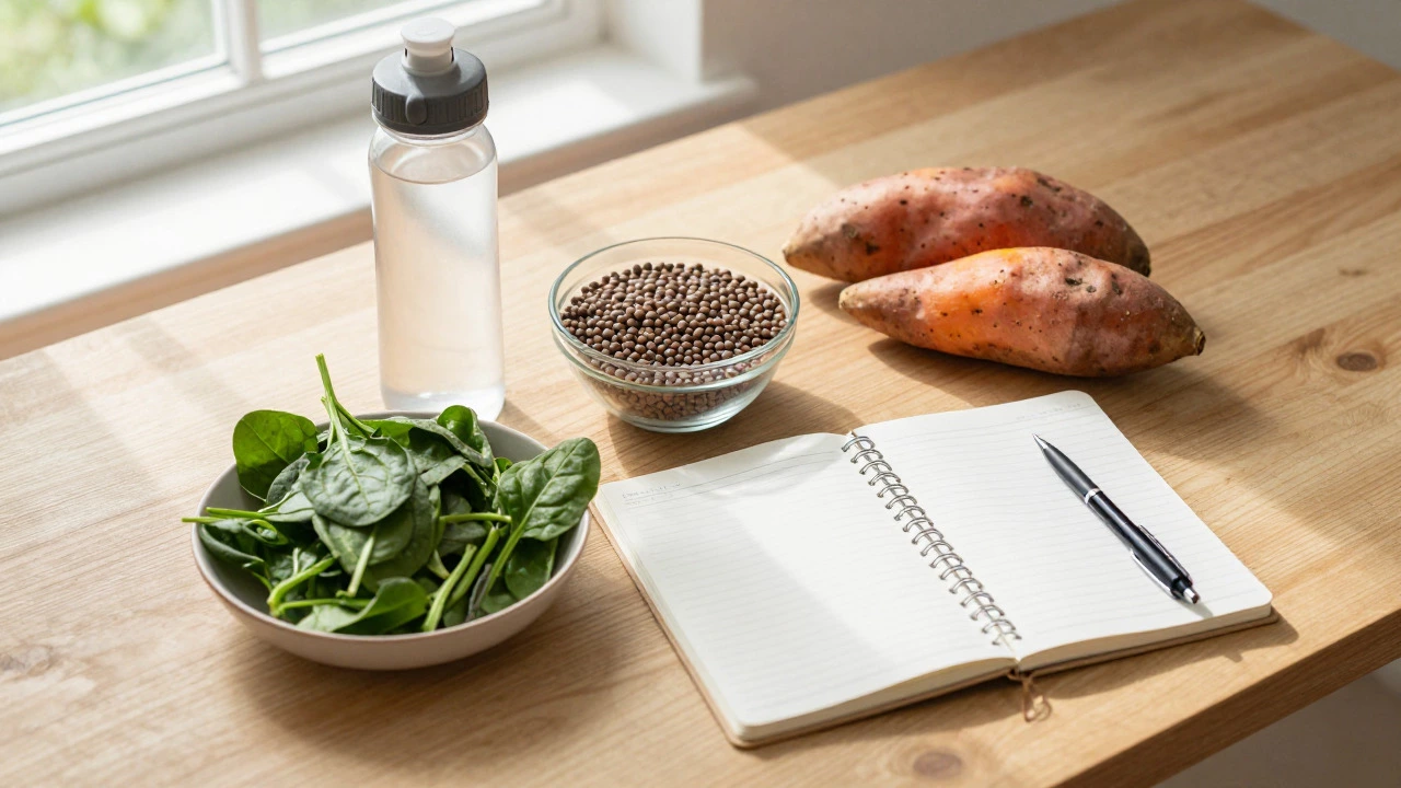 Healthy foods and journal on a table for stamina improvement
