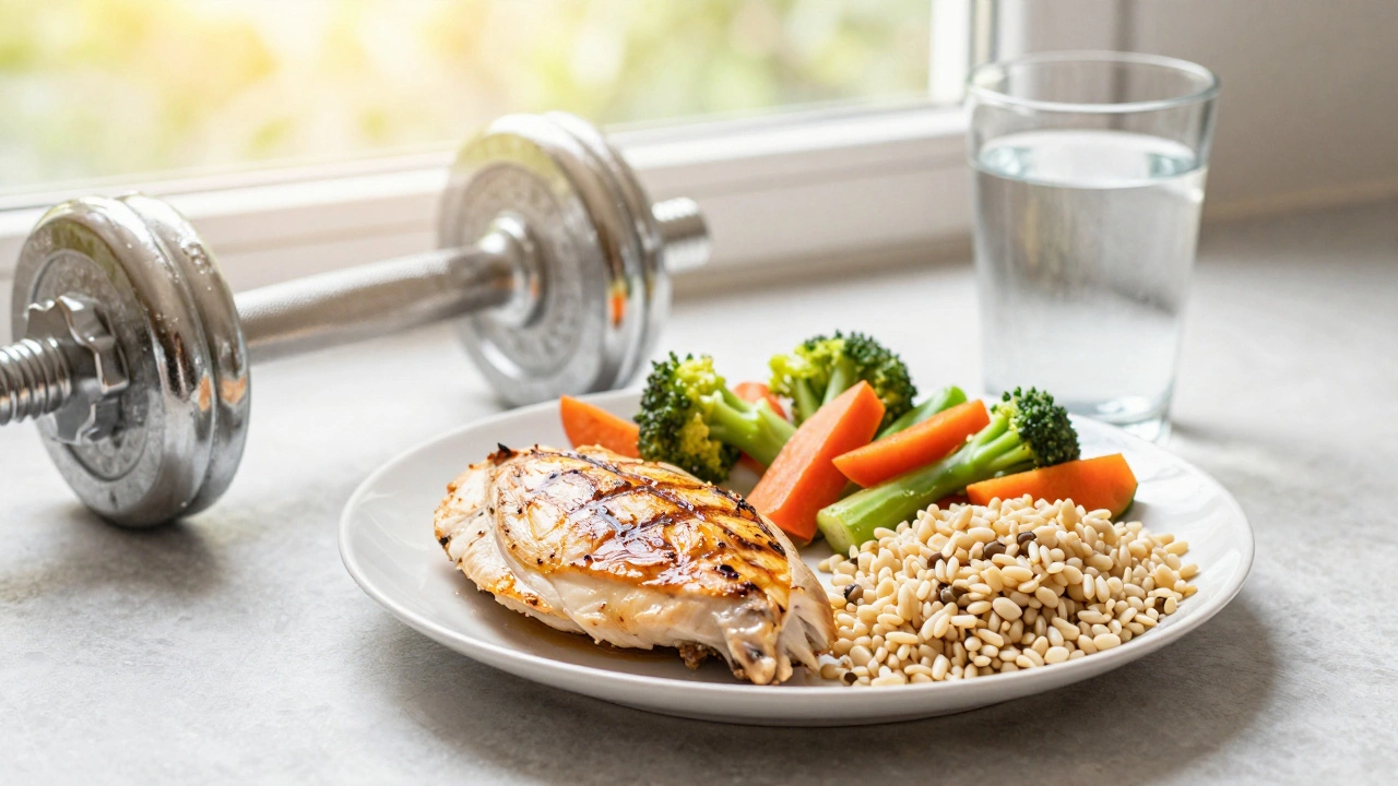 Healthy meal with protein and veggies next to a dumbbell and water glass