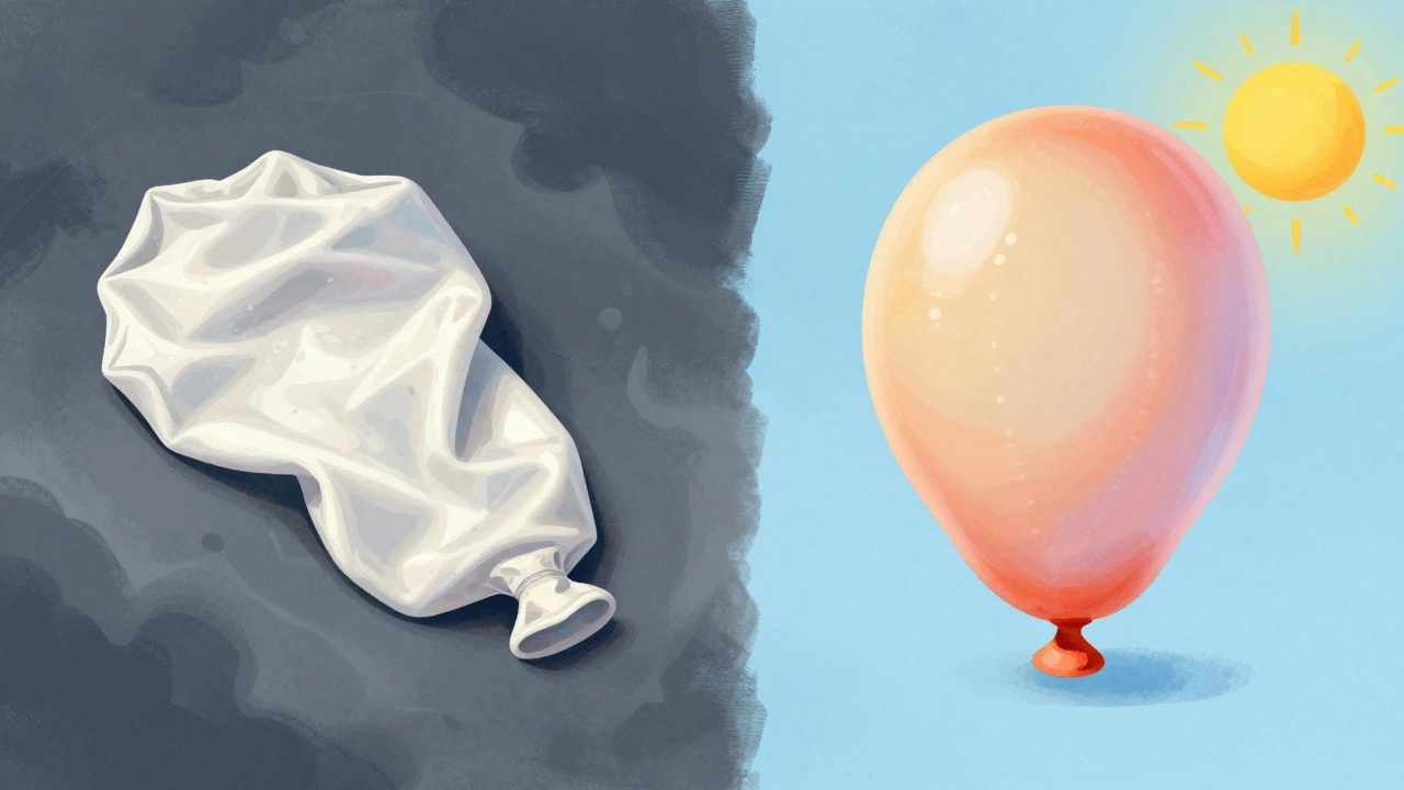 Illustration comparing a deflated balloon for water weight vs inflated for fat loss