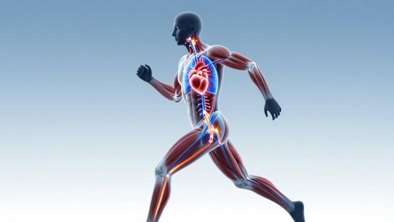 Illustration of heart, lungs, and muscles working for energy