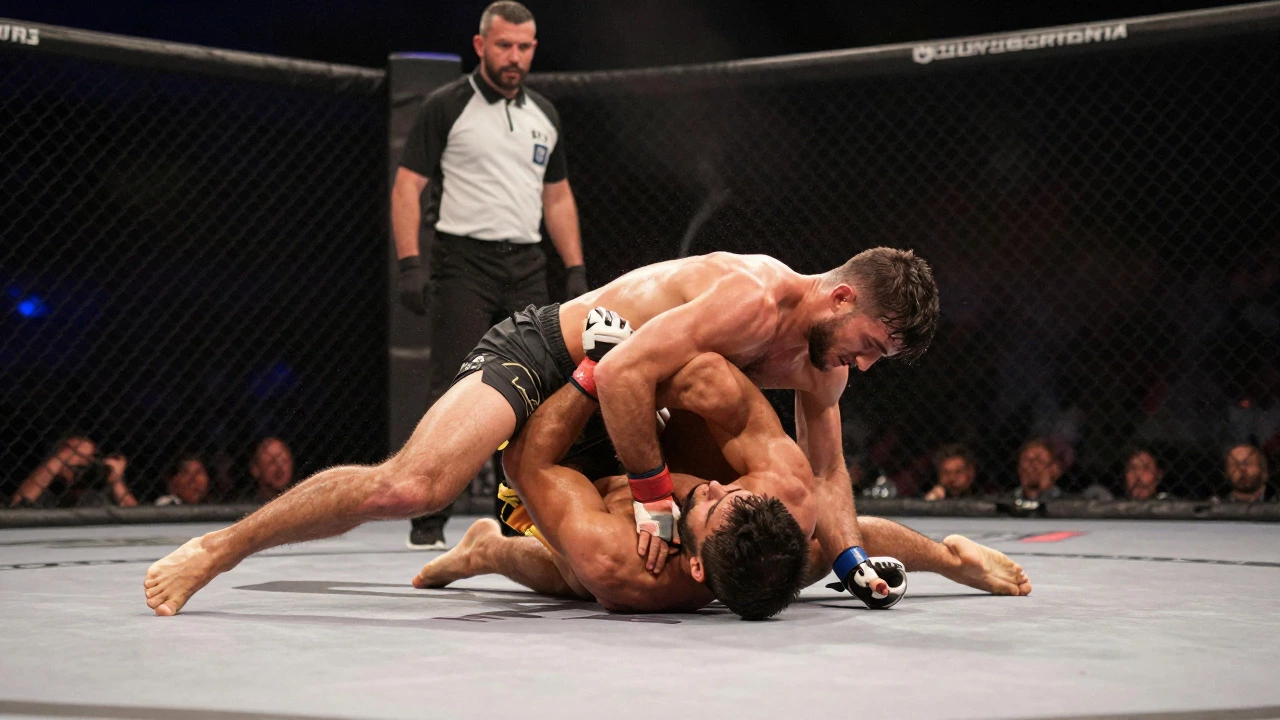 MMA fighters grapple on the mat inside an octagon cage during a fight