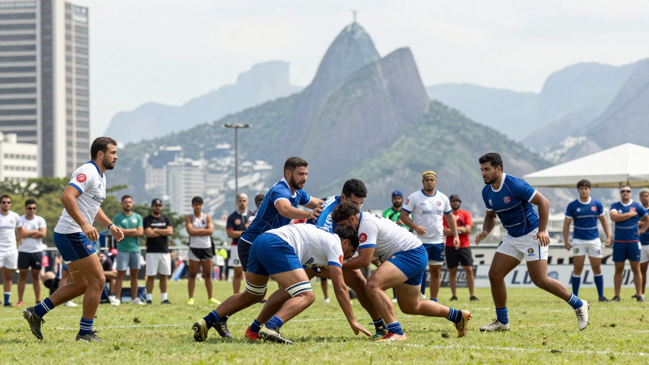 Rugby players competing on urban field with city skyline in background