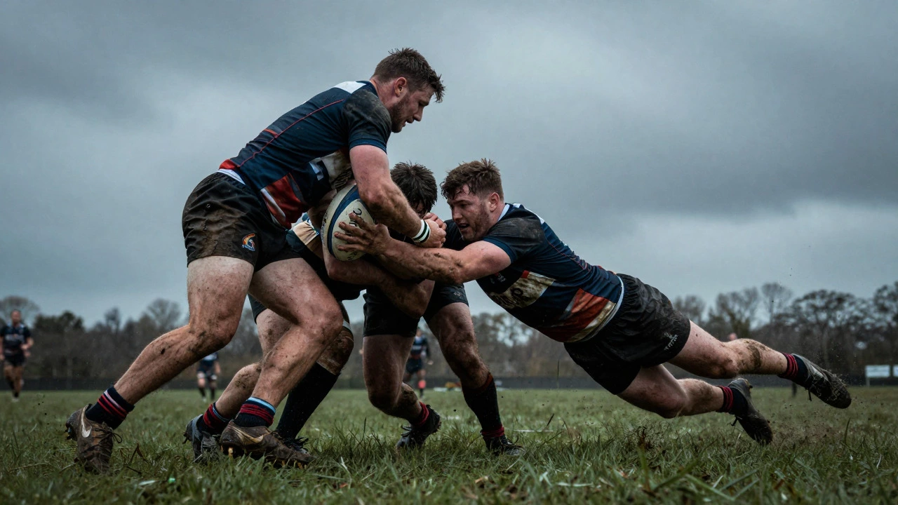 Rugby players tackling fiercely in the mud under stormy skies
