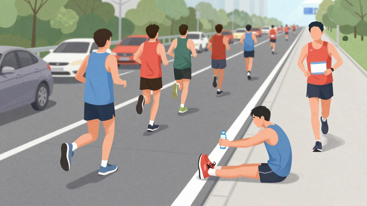 Runner resting safely on side of marathon course